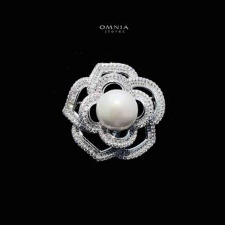 Omnia Sophia Pearl Flower Brooch in 925 Silver with High Quality Simulated Diamonds