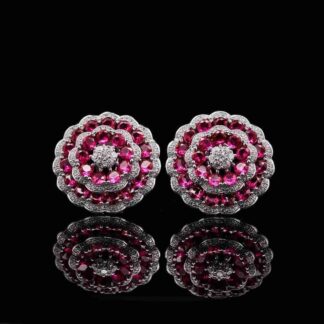 Omnia Nayeli Floral Halo Earrings with Ruby Red Simulated Diamonds in 925 Silver