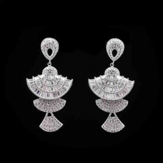 Omnia White Fan Design Drop Earrings with High-Quality Zircon Stones in Rhodium Plated - White