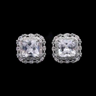 Omnia Natalie White Cushion Stud Earrings in High-Quality Zircon Stone in Rhodium Plated (only available in KSA)