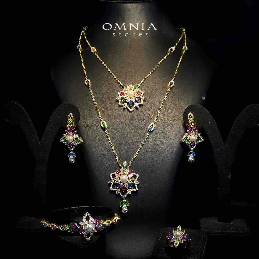 Omnia Safa Golden Multi Colored Bridal Long Chain Full Set in High Quality Zircon Stone Rhodium Plated (16cm only available in KSA)