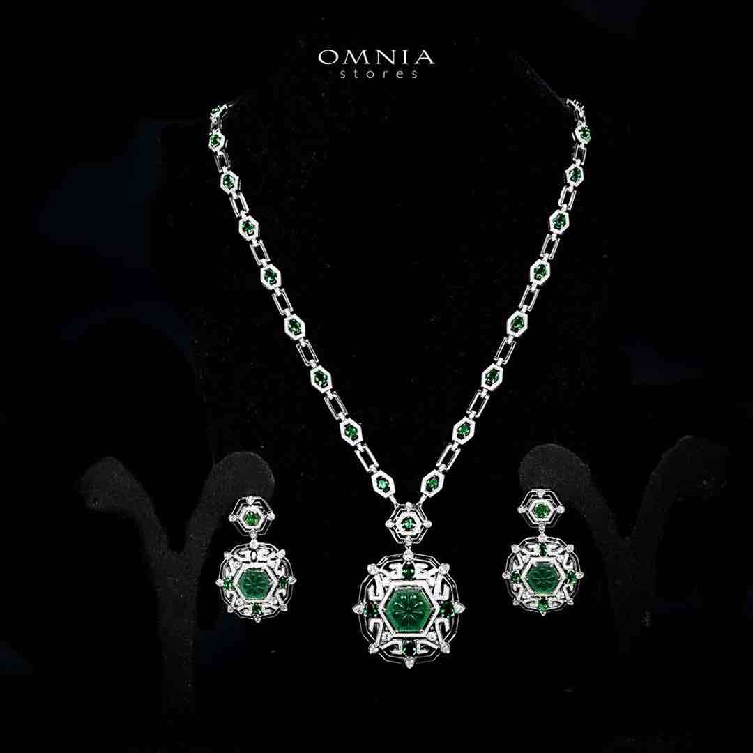 Omnia Siwar Silver Long Chain Necklace and Earrings Set 925 Silver in High Quality Green Simulated Diamonds Stones