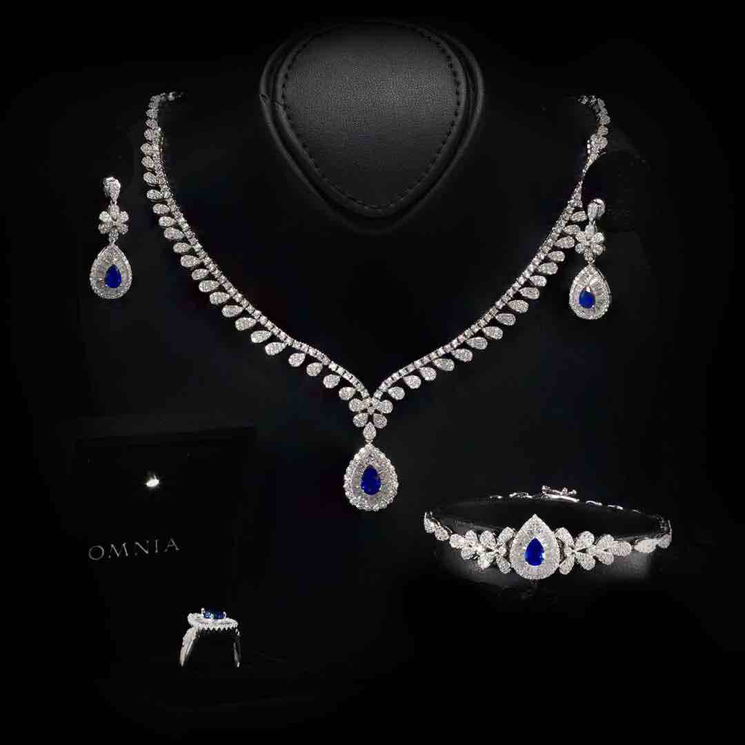Omnia Sophia Blue Teardrop Bridal Full Set in 925 Silver with High Quality Simulated Diamonds