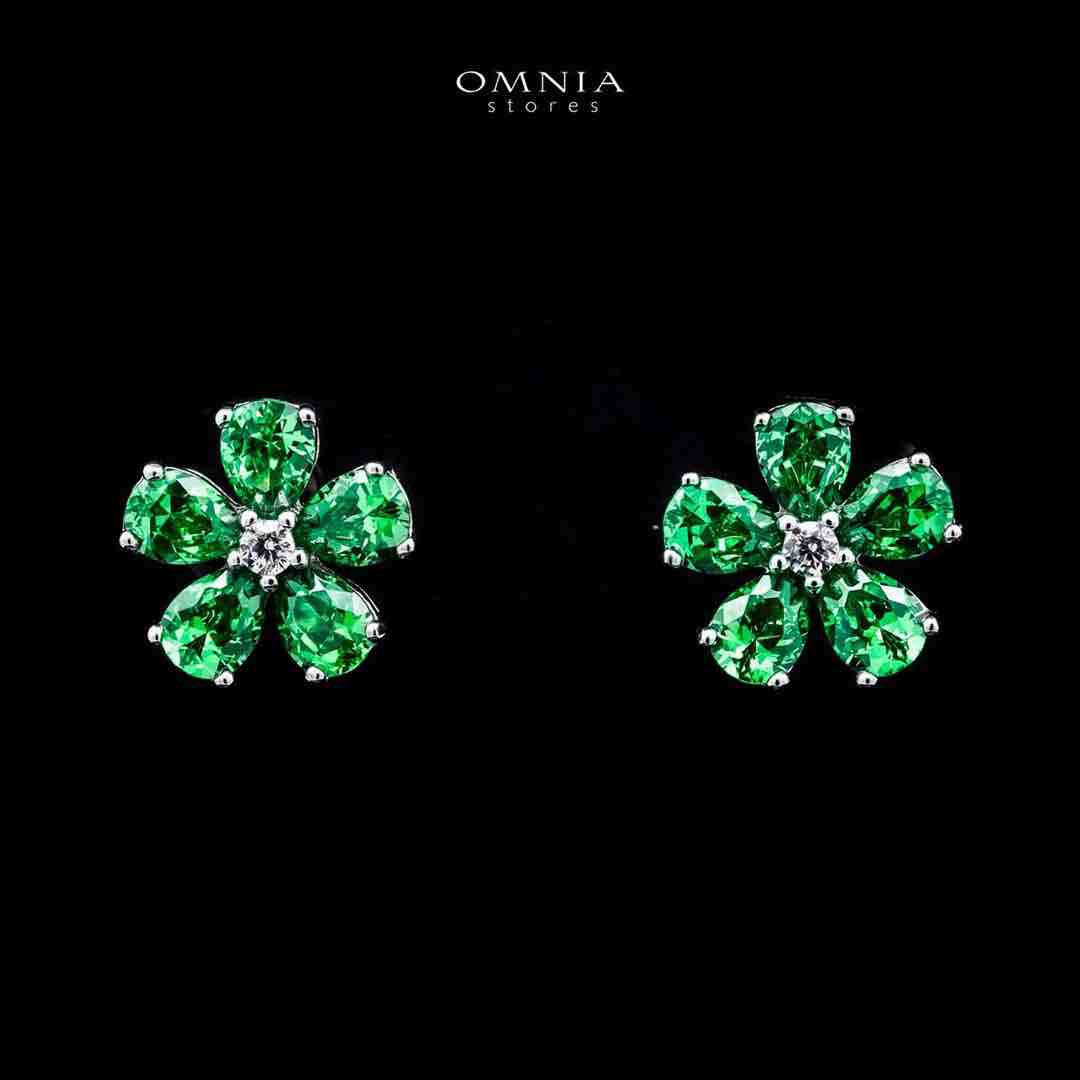 Omnia Emerald Bloom Stud Earrings In 925 Silver with High Quality Simulated Diamonds