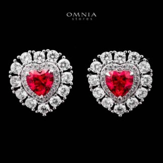 Omnia Lulwaan Silver Heart Earrings In 925 Silver High Quality GRC Certified Red Lab Crafted Ruby Stones