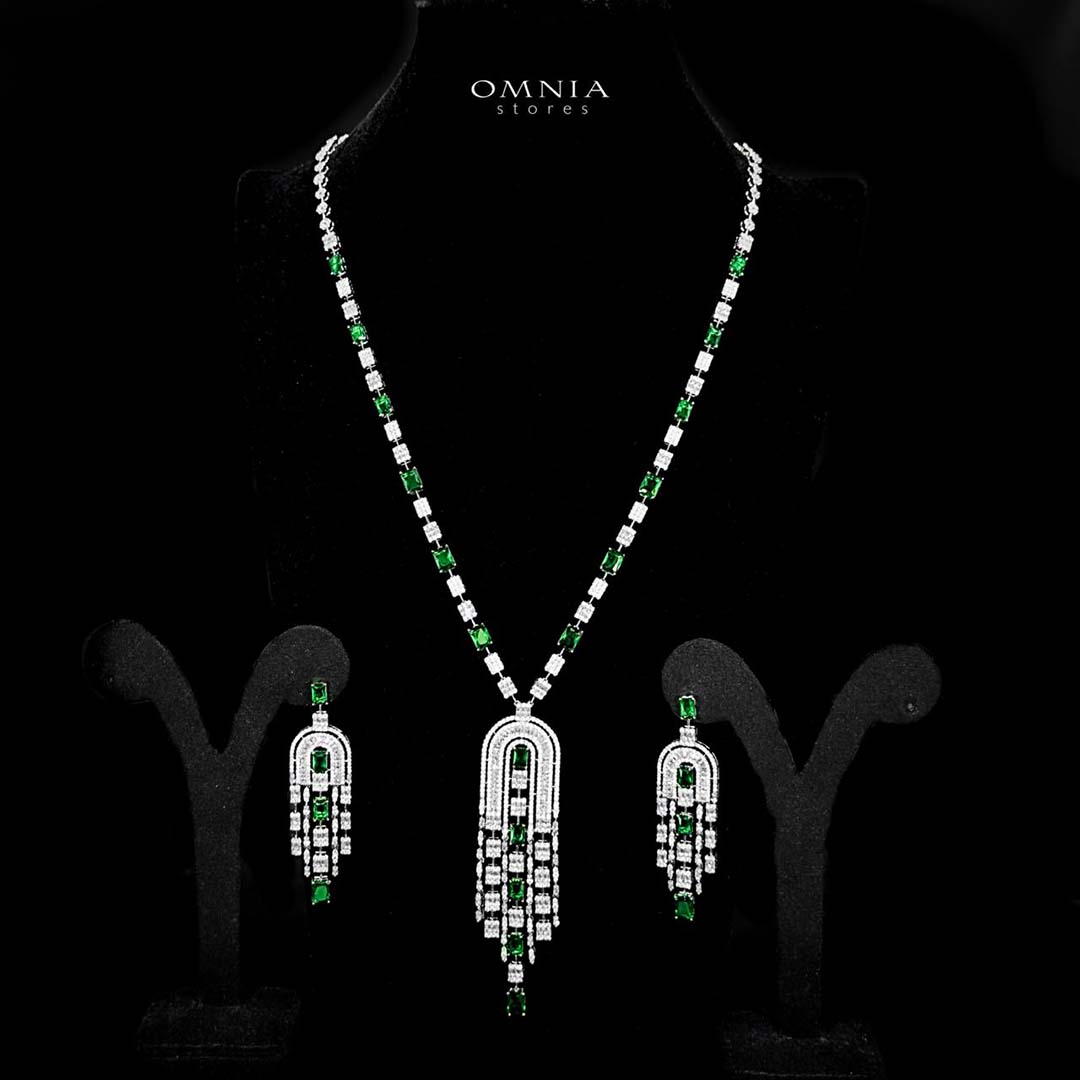 Omnia Jane Green Bridal Long Chain Set in Rhodium Plated Finish with High-Quality Zircon Stones