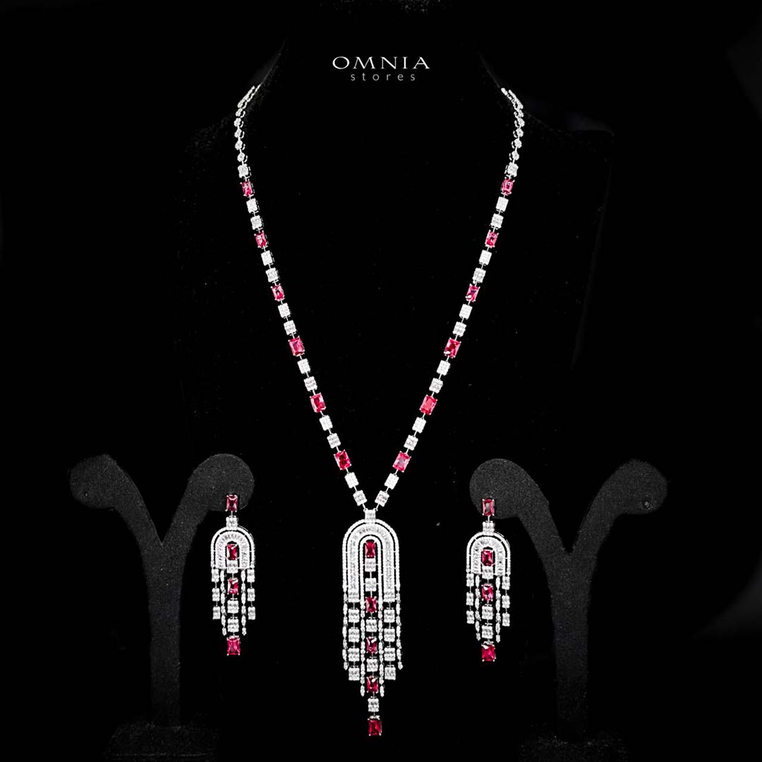 Omnia Jane Bridal Red Long Chain Set in Rhodium Plated Finish with High-Quality Zircon Stones