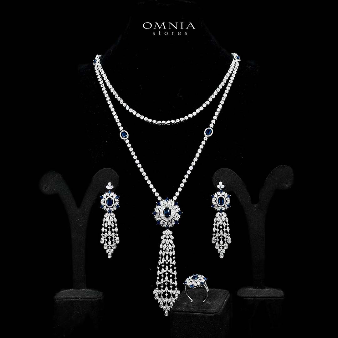 Omnia Ola Blue Bridal Long chain Set Accessories in High Quality Zircon Stone Rhodium Plated