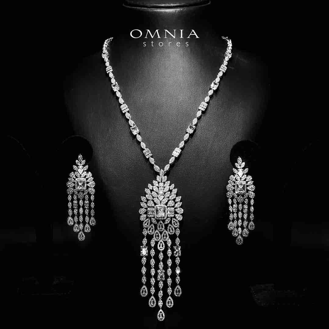 Sharjaha White Bridal Long chain Set Accessories High Quality Zircon Stone In Rhodium Plated (Only available in KSA)
