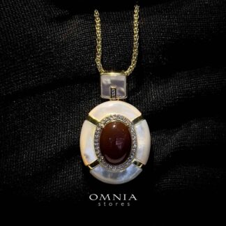 Omnia Ayesha Pendant Necklace in Brass Gold Plated with White Shell & Red Agate