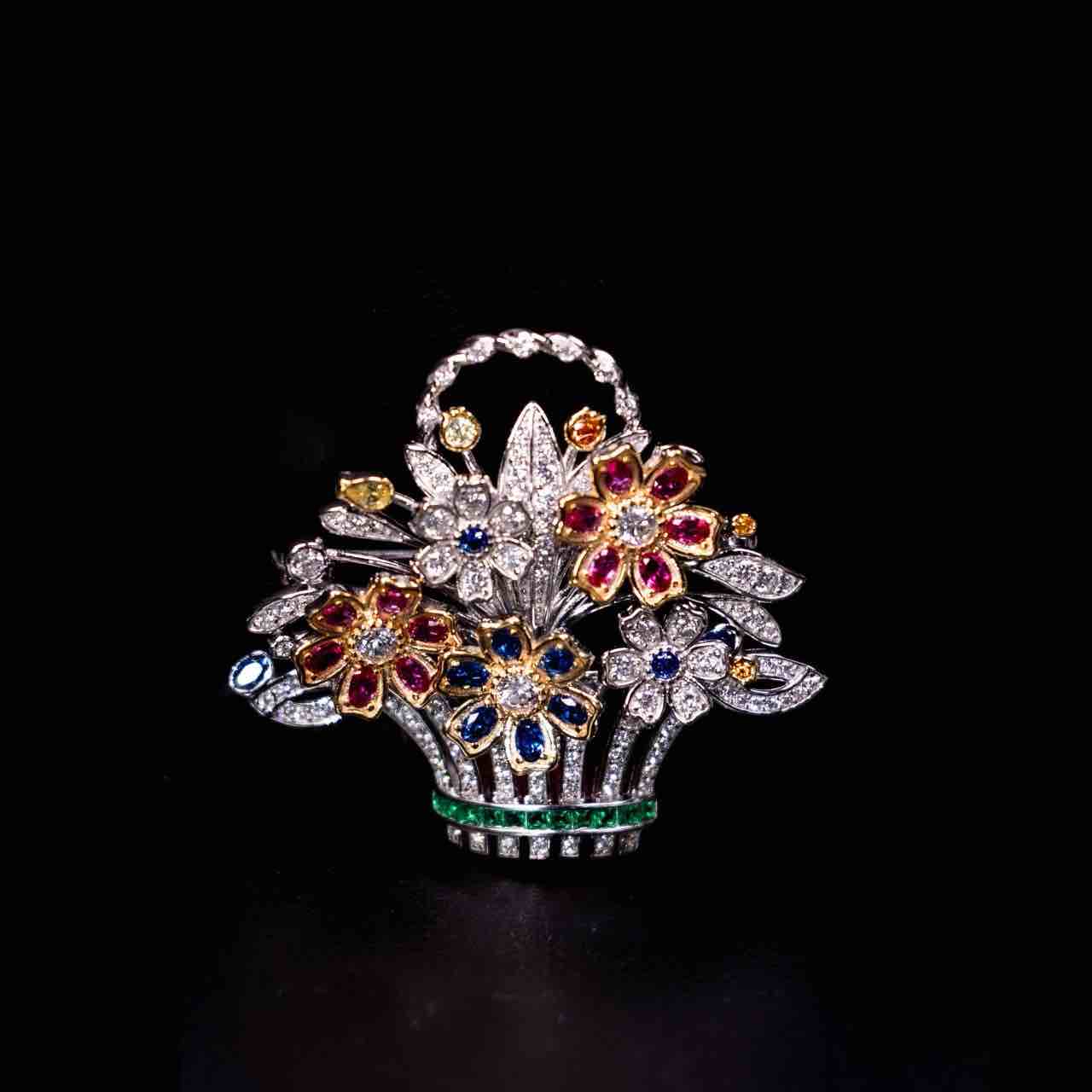Omnia Naila Multi Color Floral Basket Silver brooch in 925 Silver High Quality Simulated Diamonds Stones - Image 2