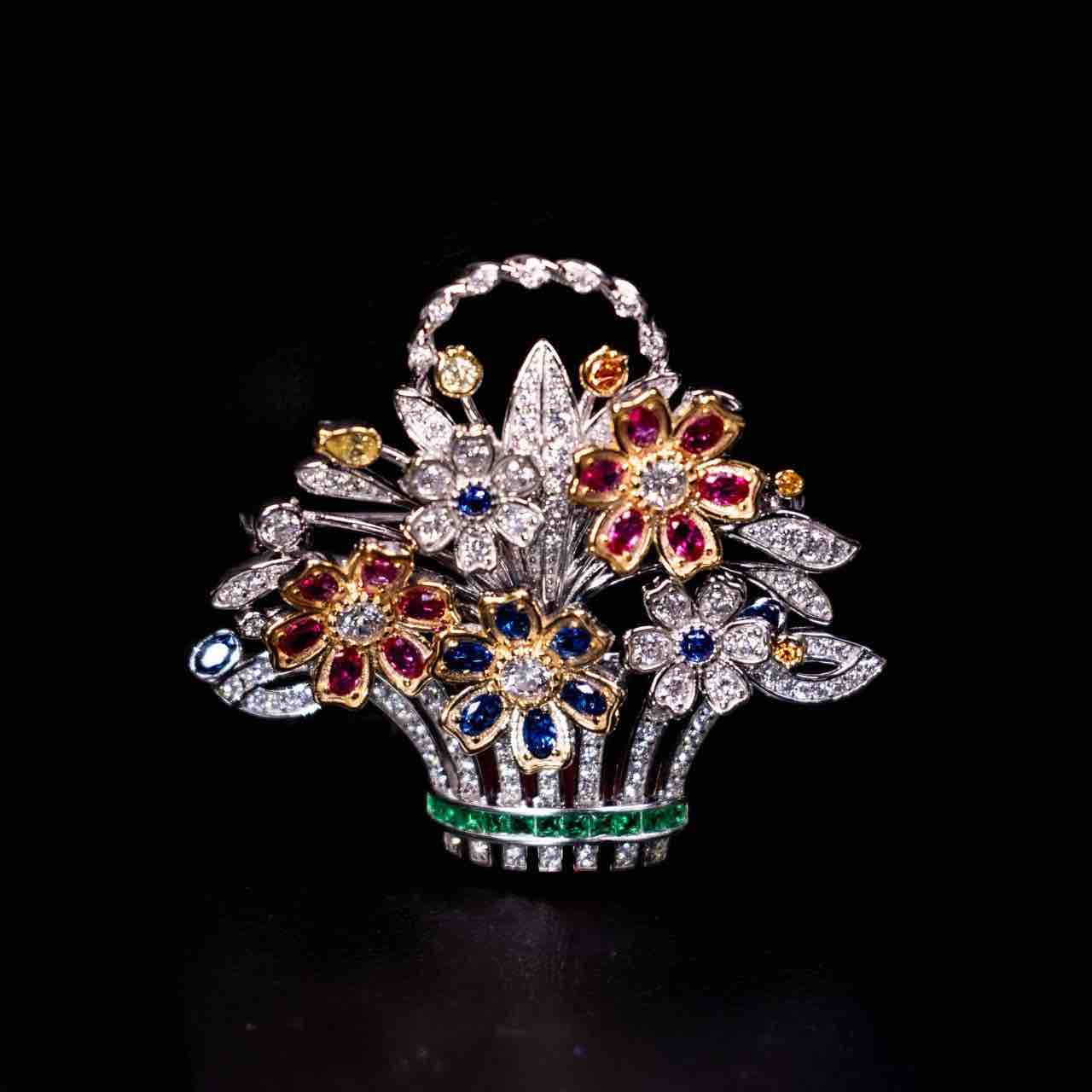 Omnia Naila Multi Color Floral Basket Silver brooch in 925 Silver High Quality Simulated Diamonds Stones - Image 3