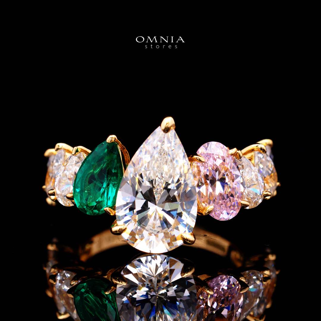 Omnia Aqila Multi Color Gold Ring In 925 Silver High Quality Certified Lab Crafted Pear Stones 9.5crt