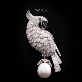 Omnia Najeeba White Pearl Bird Silver Brooch in 925 Silver In High Quality Simulated Diamonds