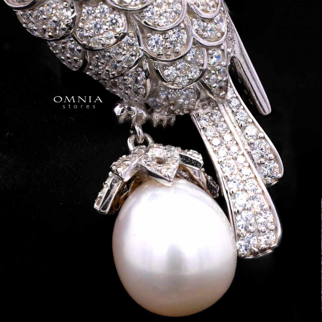 Omnia Najeeba White Pearl Bird Silver Brooch in 925 Silver In High Quality Simulated Diamonds - Image 3