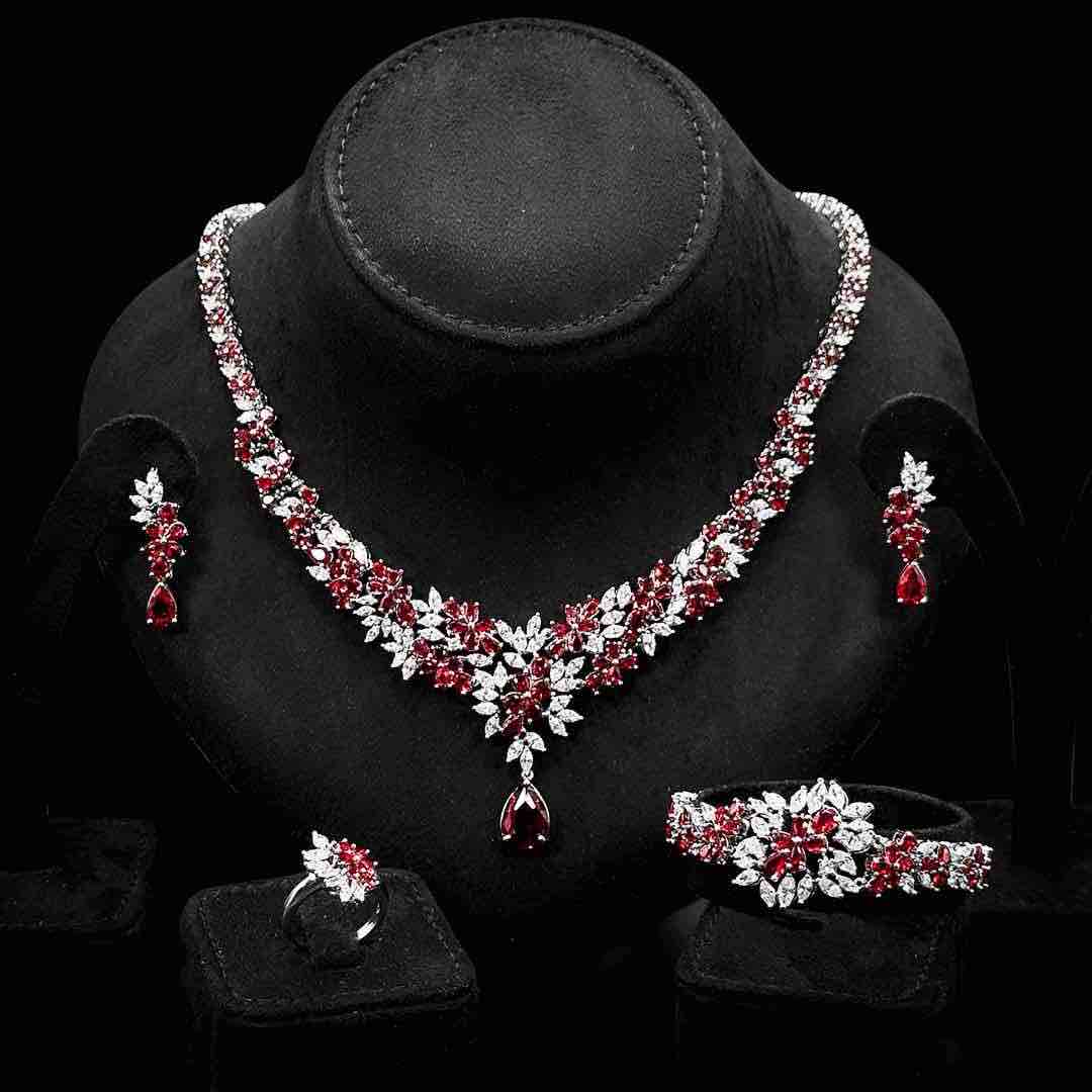 Omnia Nourah Red Luxury Bridal Full Set in High Quality Zircon Stone in Rhodium Plated - Image 3