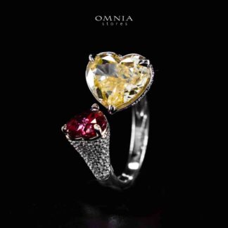 Omnia Ayda Dual Heart Yellow and Red Silver Ring In 925 Silver High Quality Lab Crafted Stones