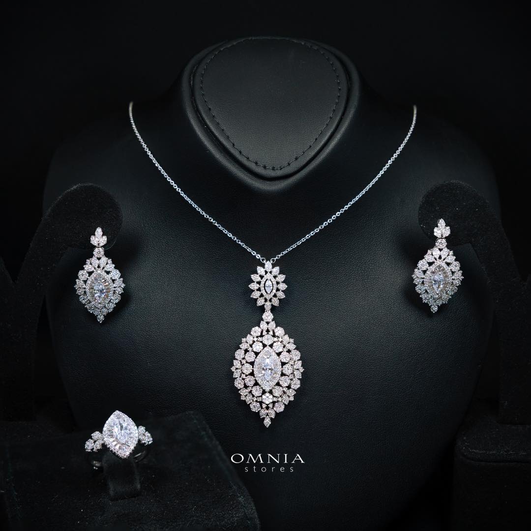 Omnia Lylah Luxury White Necklace, Earrings and Ring Set in High Quality Zircon Stone Rhodium Plated