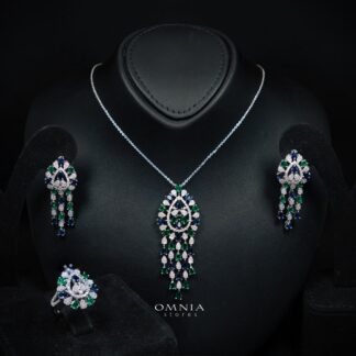 Omnia Aleah Luxury Multi Color Necklace, Earrings and Ring Set in High Quality Zircon Stone Rhodium Plated