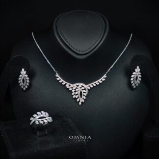Omnia Leilah Luxury White Necklace, Earrings & Ring Set in High Quality Zircon Stone Rhodium Plated