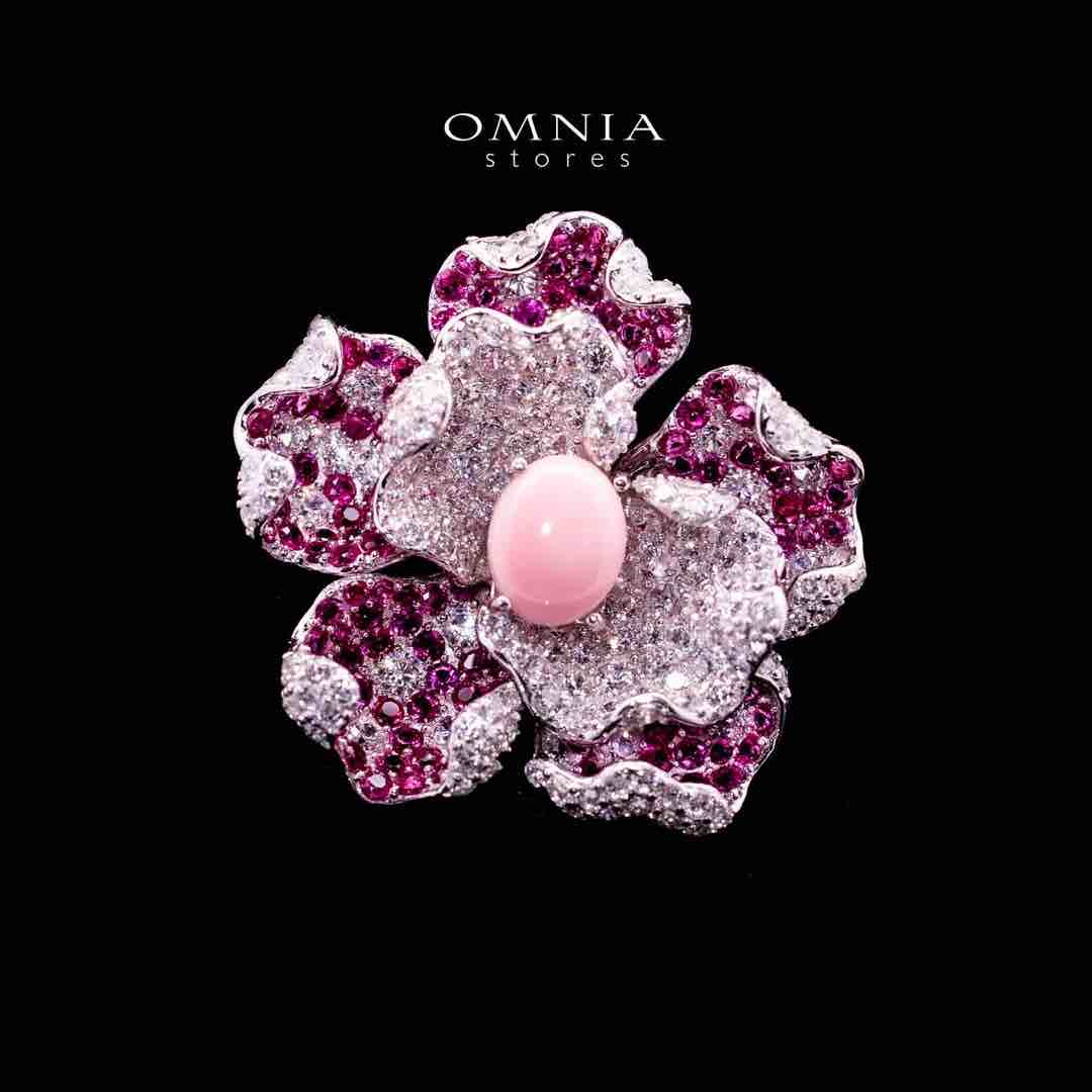 Omnia Sufiya Pink Coral Flower Silver Brooch in 925 Silver High Quality Simulated Diamonds Stones - Image 2
