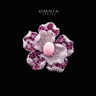 Omnia Sufiya Pink Coral Flower Silver Brooch in 925 Silver High Quality Simulated Diamonds Stones
