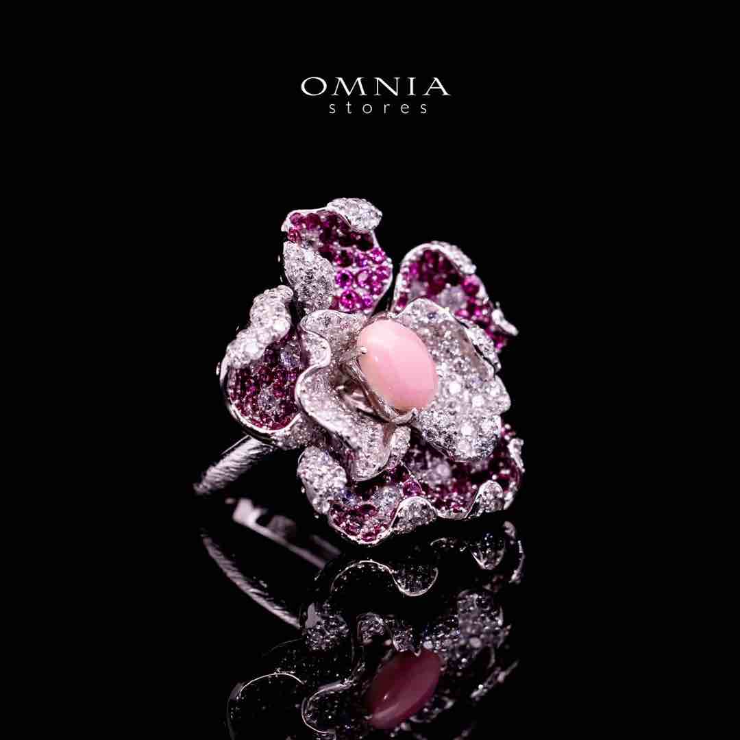 Omnia Sufiya Pink Coral Flower Silver Ring in 925 Silver High Quality Simulated Diamonds Stones - Image 3