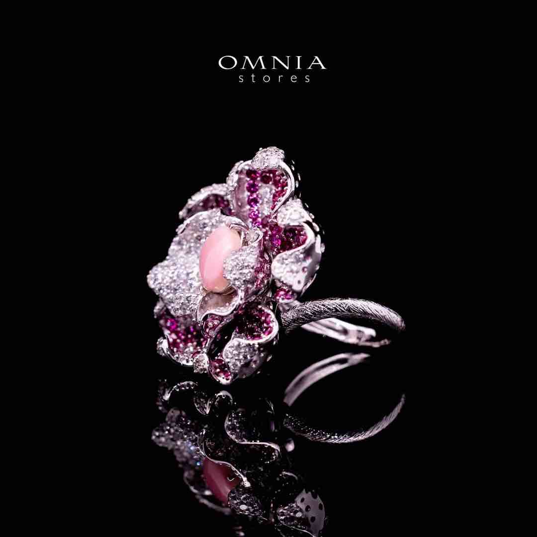 Omnia Sufiya Pink Coral Flower Silver Ring in 925 Silver High Quality Simulated Diamonds Stones - Image 2