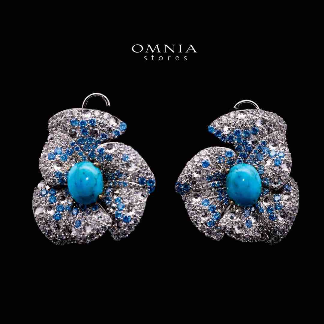 Omnia Suhad Sky Blue Coral Flower Silver Earrings in 925 Silver High Quality White and Sky Blue Simulated Diamond Stones - Image 2