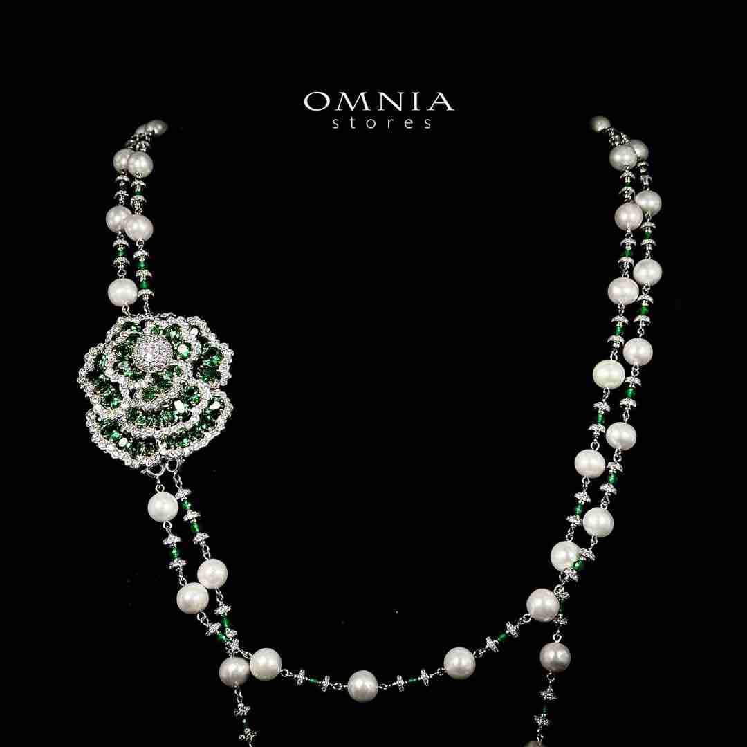 Omnia Nadia Green and White Silver with Real Fresh Pearl Long Chain Necklace in 925 Silver High Quality Simulated Diamond Stones - Image 6