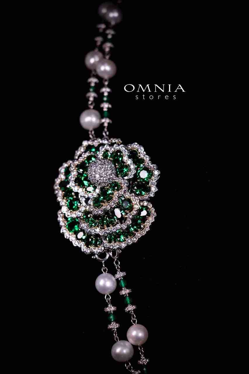 Omnia Nadia Green and White Silver with Real Fresh Pearl Long Chain Necklace in 925 Silver High Quality Simulated Diamond Stones - Image 5