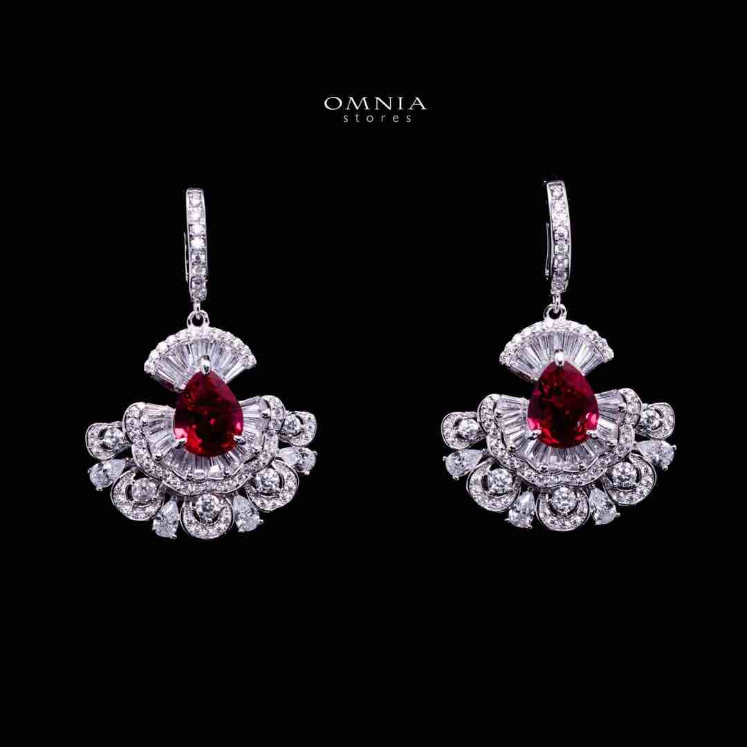 Omnia Aleyna Red Stone Silver Drop Earrings in 925 Silver with High Quality Simulated Diamonds - Image 2
