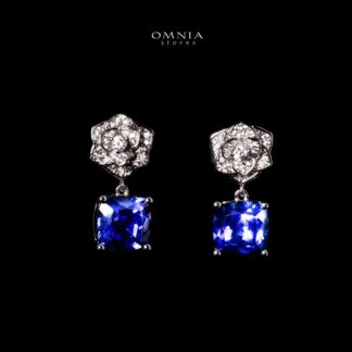 Khansa Lab Grown Blue Sapphite Stones With GRC Certified Rose Design Drop Earrings in 925 Silver