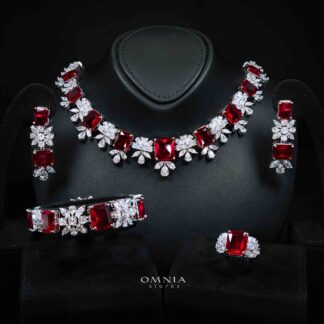 Omnia Charlotte Red Luxry Bridal Full Set with Emerald and Pear-Cut High-Quality Simulated Diamonds Rhodium Plated