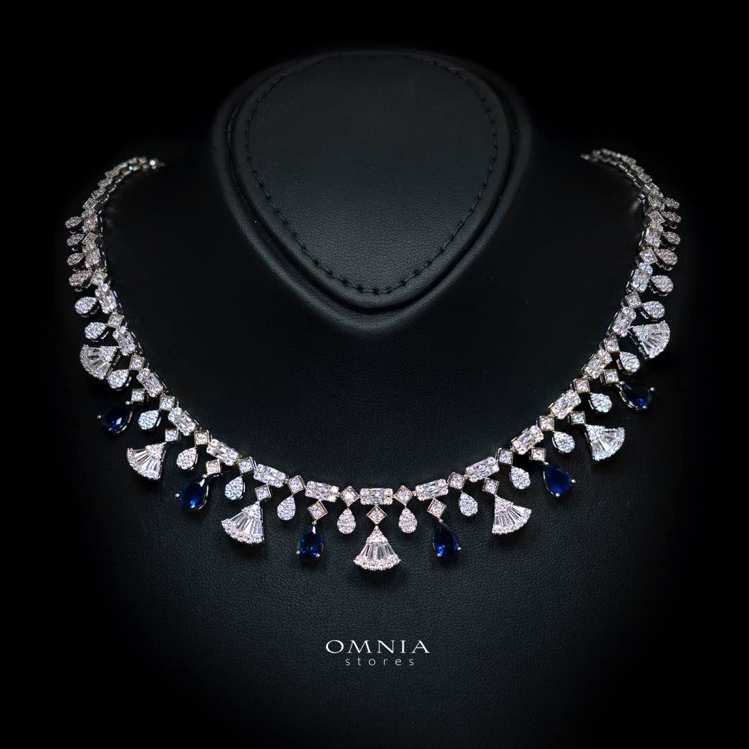 Omnia Marwa Blue Bridal Full Set in High Quality Zircon Stone Rhodium Plated( only available in ksa) - Image 2