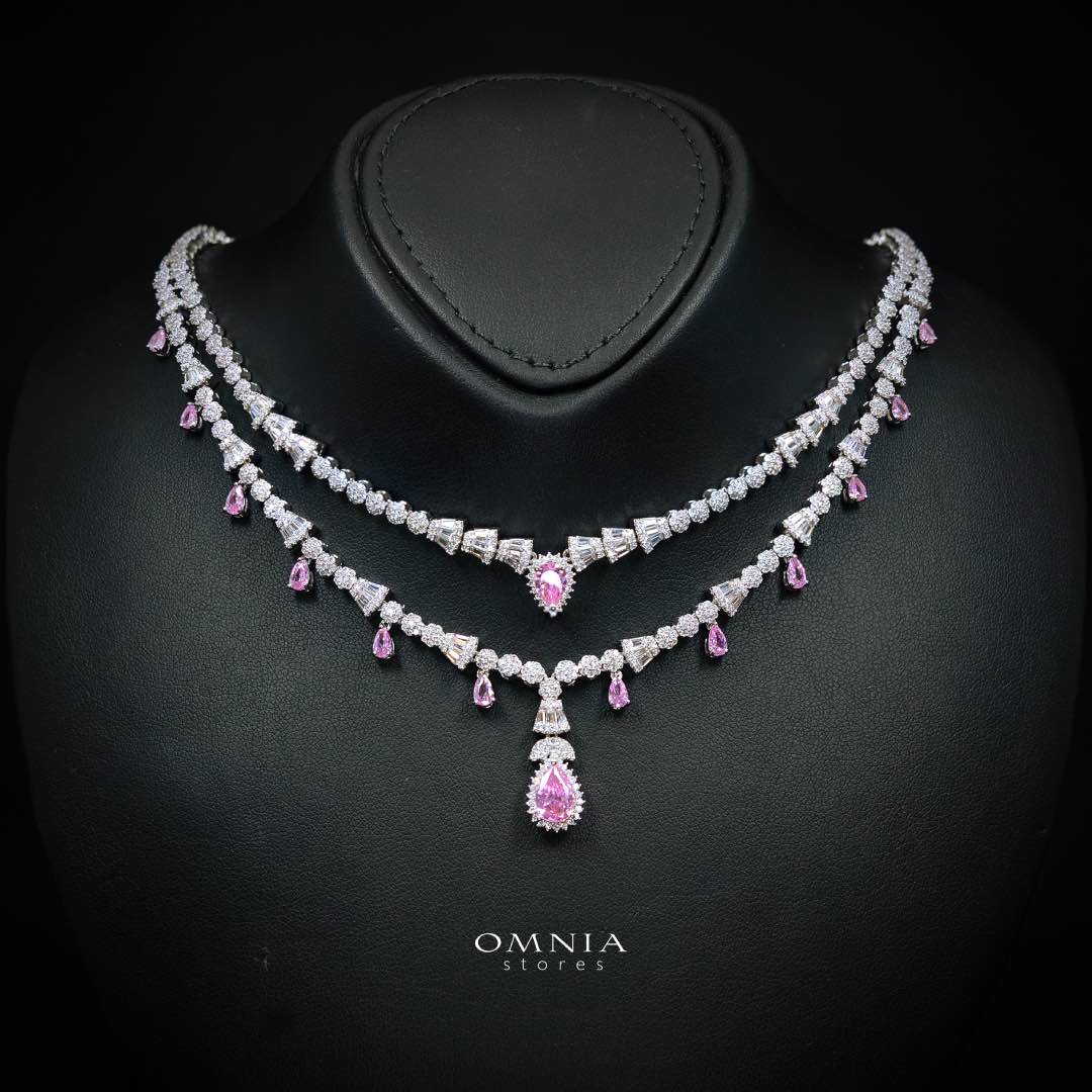 Omnia Ghada Pink Bridal Full Set with Rhodium Plated in High Quality Zircon Stone Rhodium Plated - Image 2