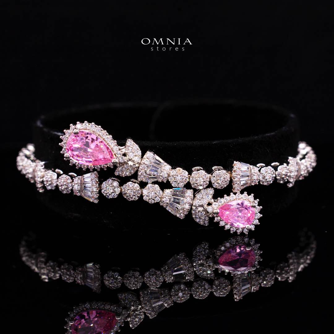 Omnia Ghada Pink Bridal Full Set with Rhodium Plated in High Quality Zircon Stone Rhodium Plated - Image 3