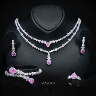 Omnia Ethereal Pink Drop Luxury Bridal Full Set in High Quality Rhodium Plated Zircon Stones