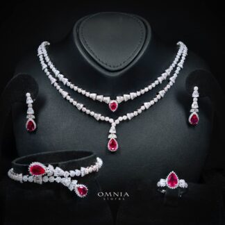 Omnia Ethereal Red Drop Luxury Bridal Full Set in High Quality Rhodium Plated Zircon Stones