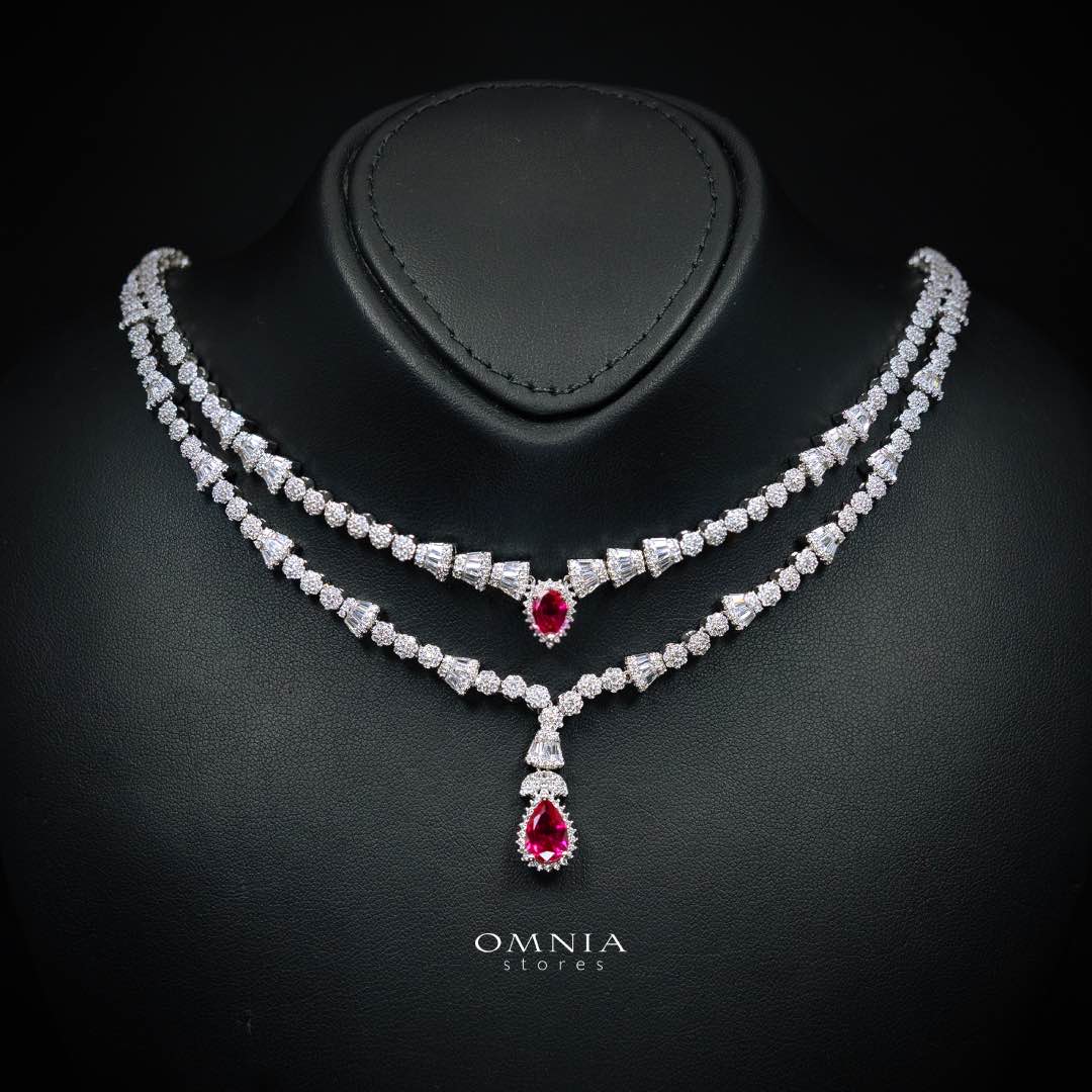 Omnia Ethereal Red Drop Luxury Bridal Full Set in High Quality Rhodium Plated Zircon Stones - Image 2