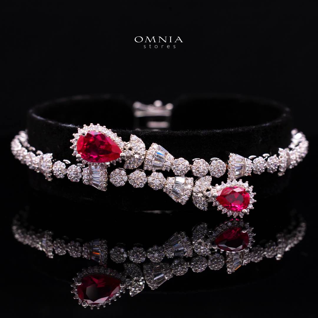 Omnia Ethereal Red Drop Luxury Bridal Full Set in High Quality Rhodium Plated Zircon Stones - Image 3