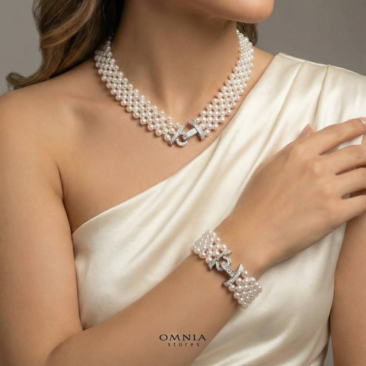 Omnia Alice Fresh Water Pearl Necklace and Bracelet Set with 925 Silver High Quality Simulated Diamonds Stones - Image 3