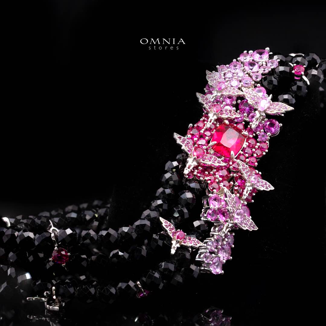 Omnia Blossom Black Beads Necklace in 925 Silver with High Quality Simulated Diamonds - Image 2