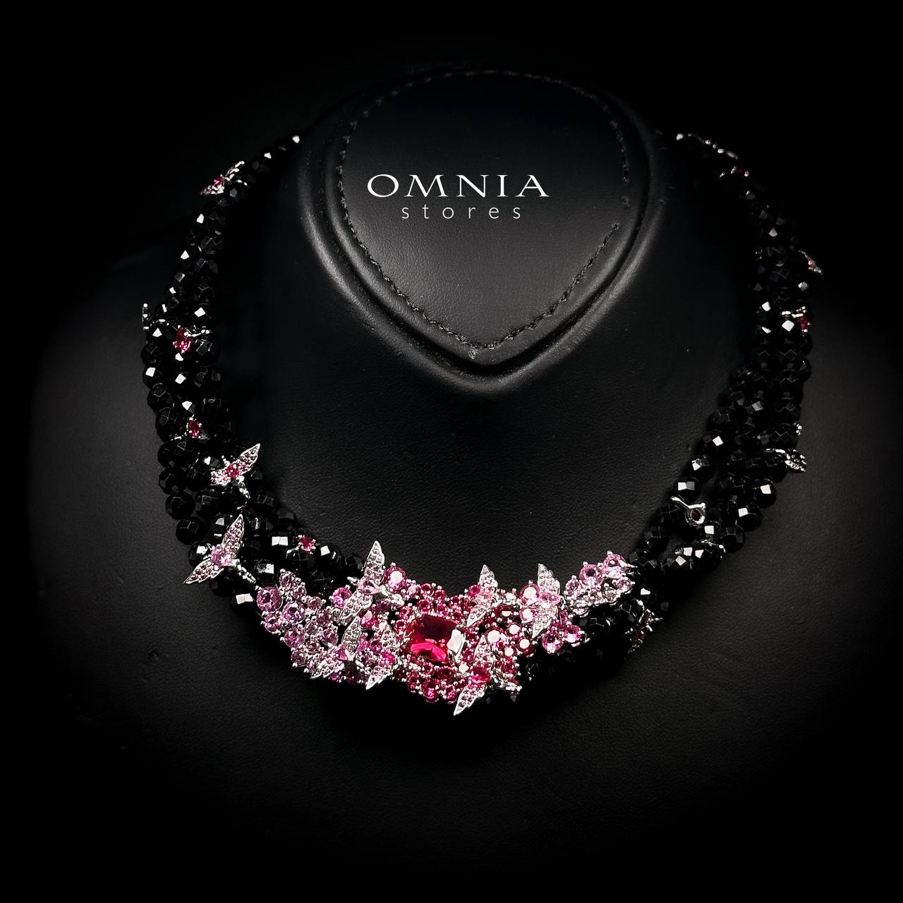 Omnia Blossom Black Beads Necklace in 925 Silver with High Quality Simulated Diamonds - Image 4