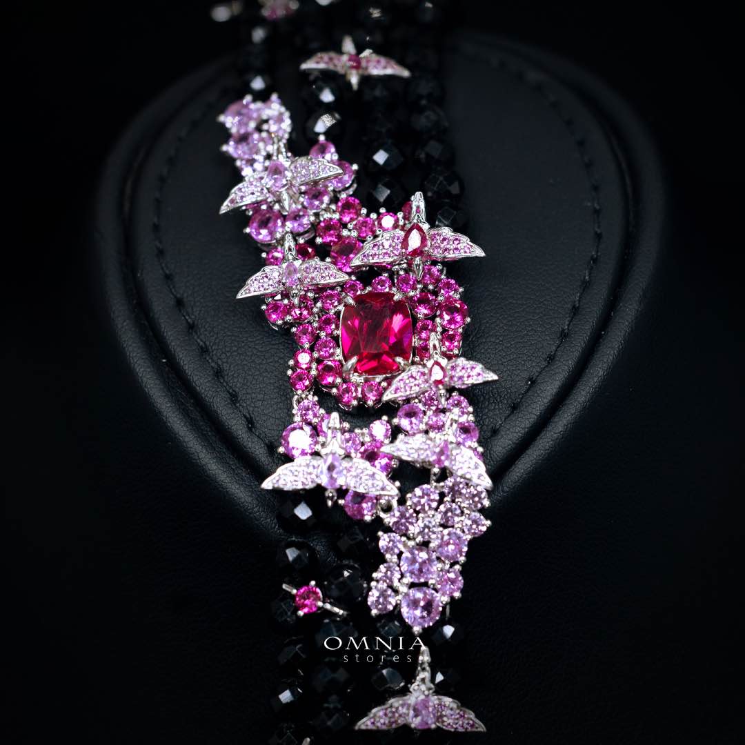 Omnia Blossom Black Beads Necklace in 925 Silver with High Quality Simulated Diamonds - Image 3