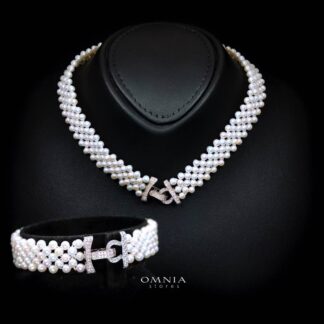 Omnia Alice Fresh Water Pearl Necklace and Bracelet Set with 925 Silver High Quality Simulated Diamonds Stones