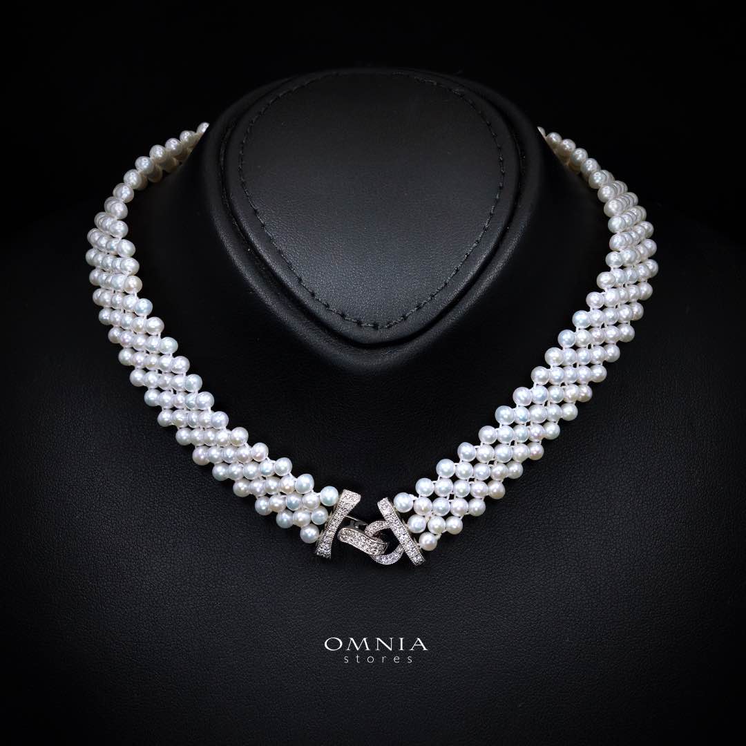 Omnia Alice Fresh Water Pearl Necklace and Bracelet Set with 925 Silver High Quality Simulated Diamonds Stones - Image 2