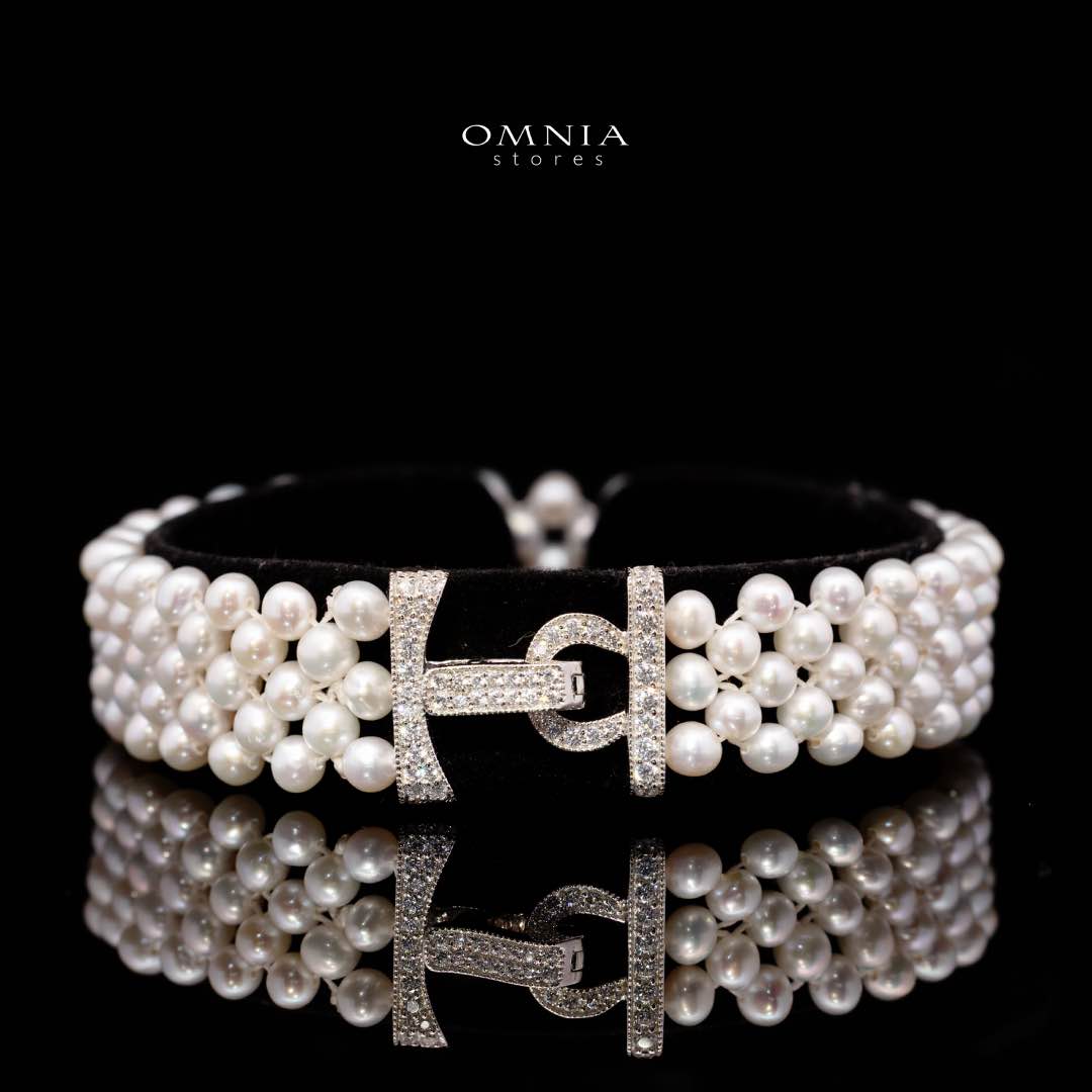 Omnia Alice Fresh Water Pearl Necklace and Bracelet Set with 925 Silver High Quality Simulated Diamonds Stones - Image 4