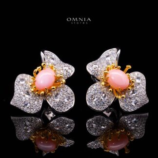 Omnia Ahram Pink Coral Flower Silver Drop Earrings in 925 Silver High Quality White Simulated Diamond Stones