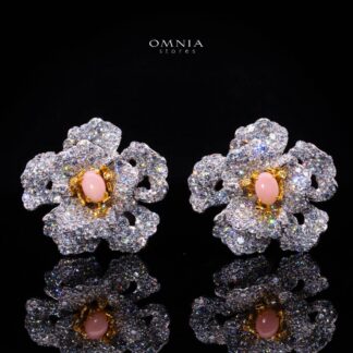 Omnia Sihab Pink Coral Flower Silver Clip Earrings in 925 Silver High Quality White Simulated Diamond Stones